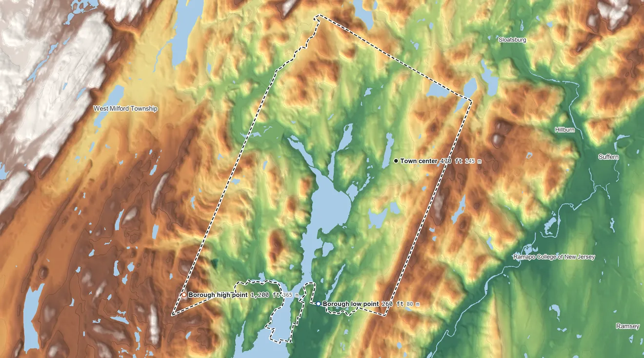 Topographic elevation map of Ringwood, New Jersey, shaded from 260 ft on the southwest side to 1,200 ft on the southwest side