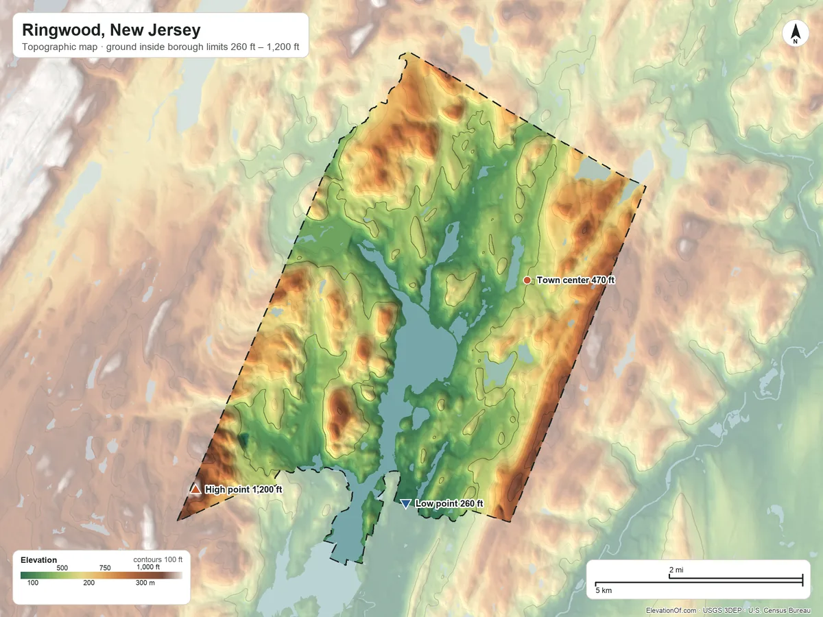 Topographic elevation map of Ringwood, New Jersey, shaded from 260 ft on the southwest side to 1,200 ft on the southwest side