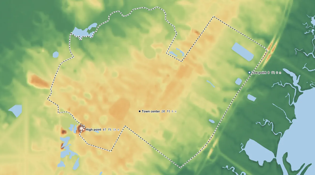 Topographic elevation map of Rio Grande, New Jersey, shaded from sea level level on Richardson Sound to 47 ft on the west side