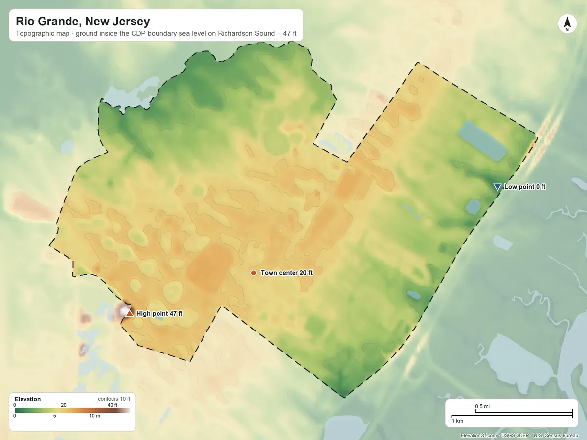 Topographic elevation map of Rio Grande, New Jersey, shaded from sea level level on Richardson Sound to 47 ft on the west side