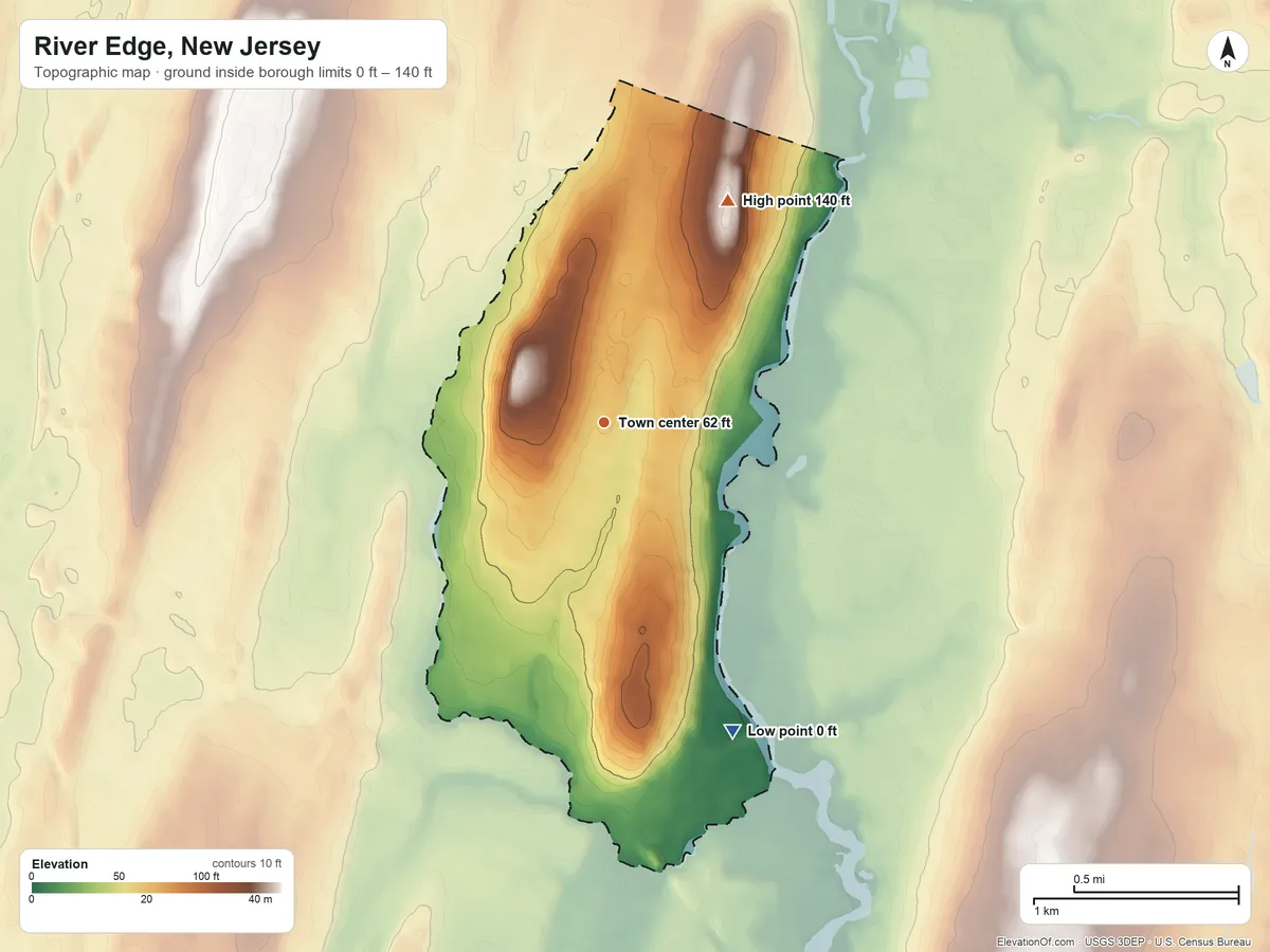 Topographic elevation map of River Edge, New Jersey, shaded from 0 ft on the southeast side to 140 ft on the northeast side