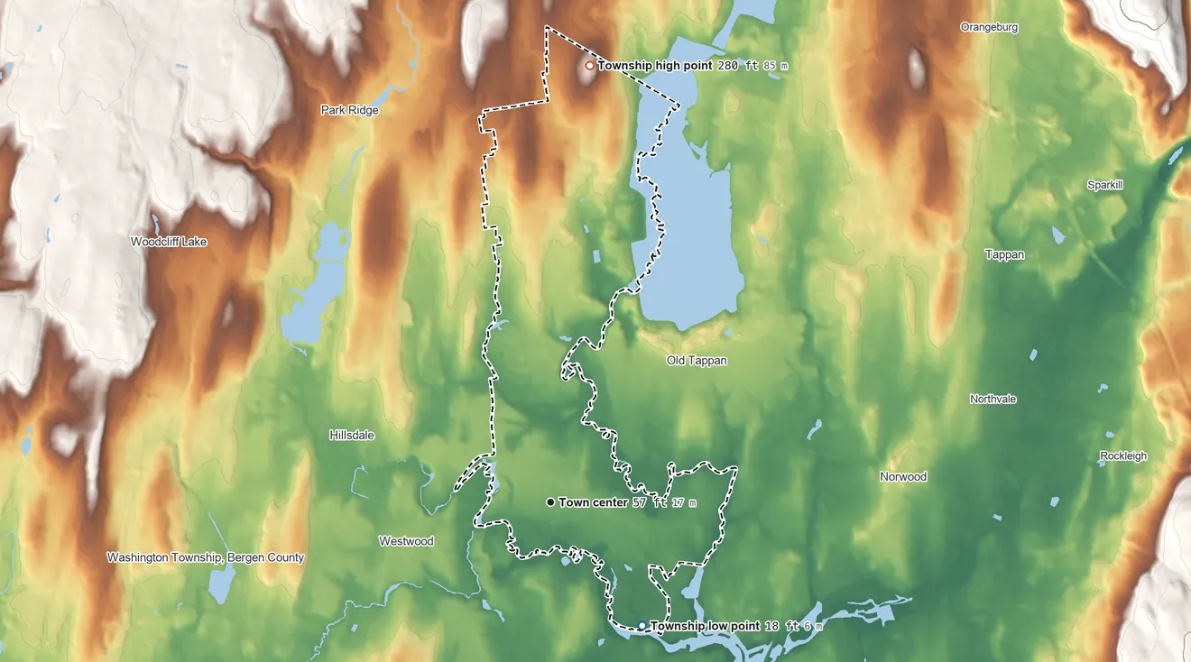 Topographic elevation map of River Vale Township, New Jersey, shaded from 18 ft on the southeast side to 280 ft on the north side