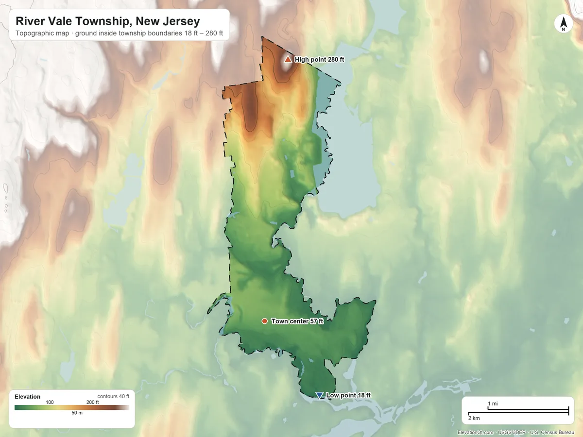 Topographic elevation map of River Vale Township, New Jersey, shaded from 18 ft on the southeast side to 280 ft on the north side