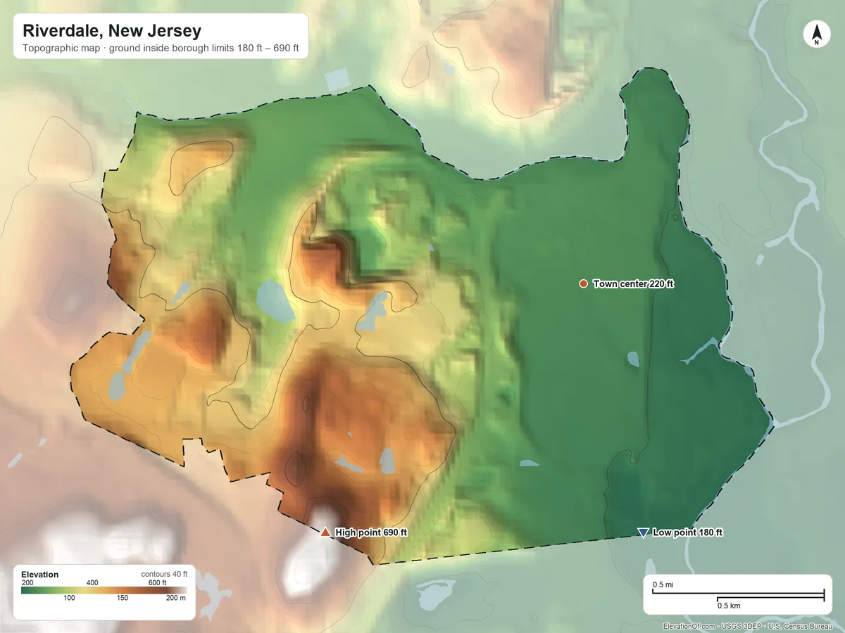 Topographic elevation map of Riverdale, New Jersey, shaded from 180 ft on the south side to 690 ft on the southwest side