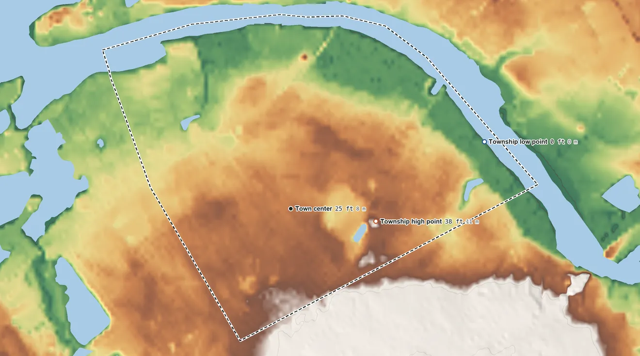 Topographic elevation map of Riverside Township, New Jersey, shaded from 0 ft on the east side to 38 ft on the east side
