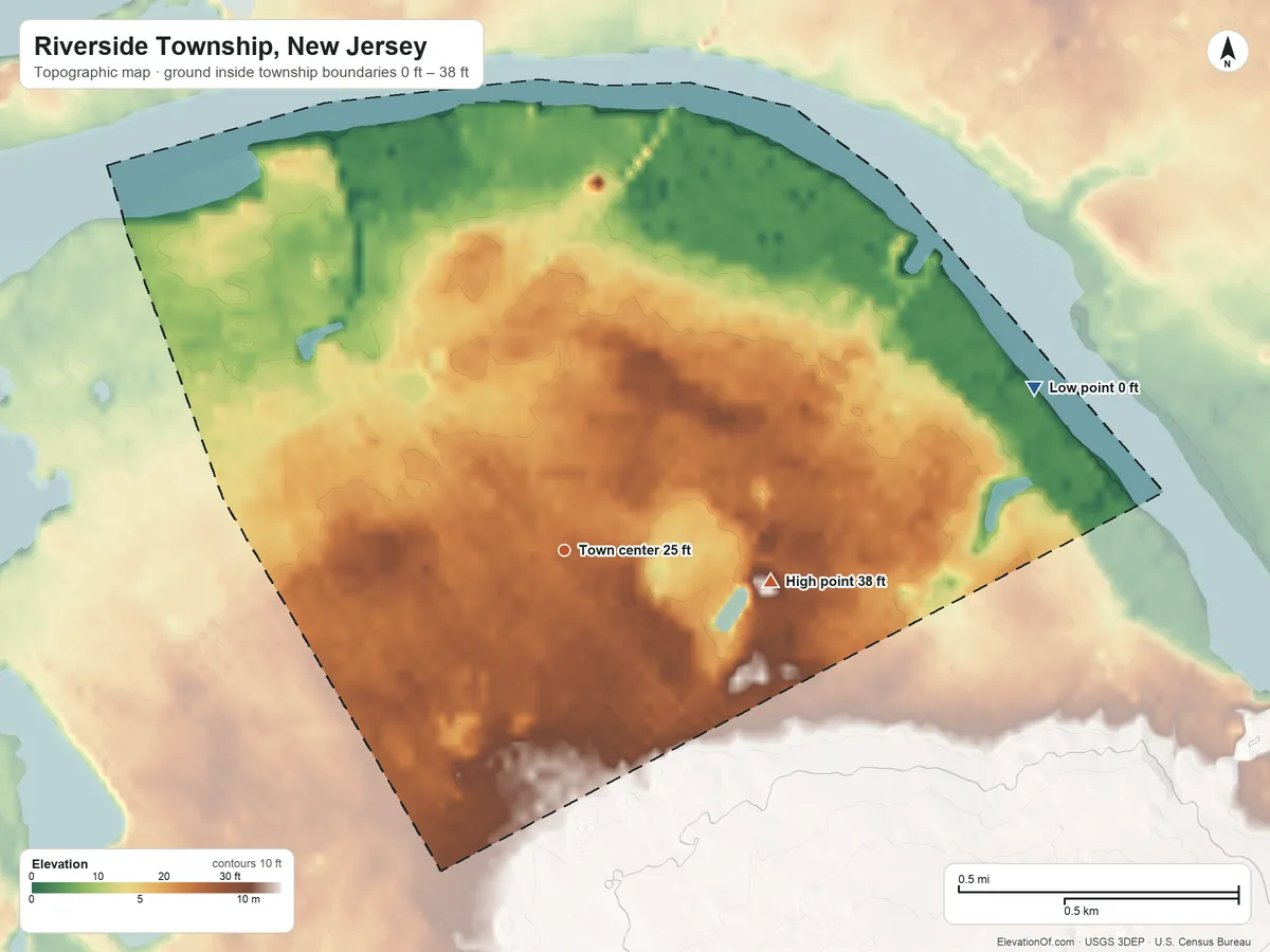 Topographic elevation map of Riverside Township, New Jersey, shaded from 0 ft on the east side to 38 ft on the east side