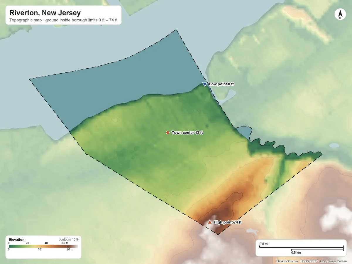 Topographic elevation map of Riverton, New Jersey, shaded from 0 ft on the northeast side to 74 ft on the southeast side
