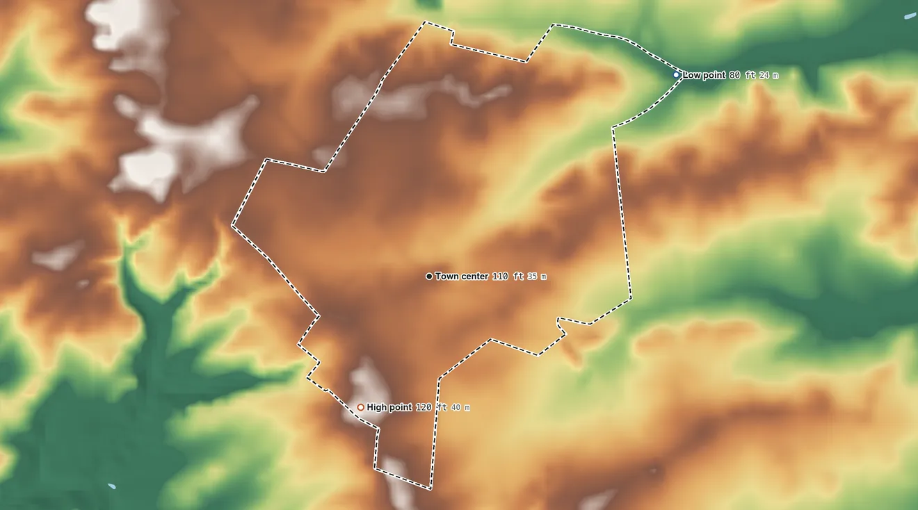 Topographic elevation map of Roadstown, New Jersey, shaded from 80 ft on the northeast side to 120 ft on the southwest side