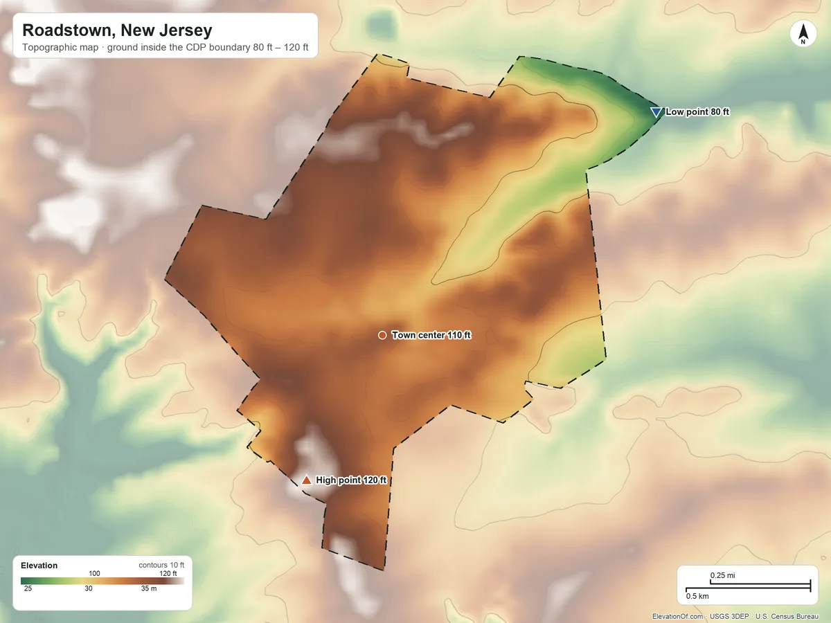 Topographic elevation map of Roadstown, New Jersey, shaded from 80 ft on the northeast side to 120 ft on the southwest side