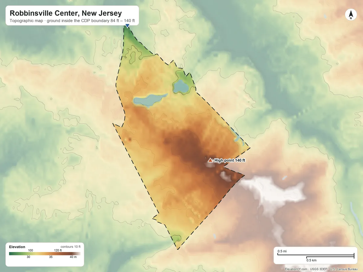 Topographic elevation map of Robbinsville Center, New Jersey, shaded from 84 ft on the northwest side to 140 ft on the southeast side