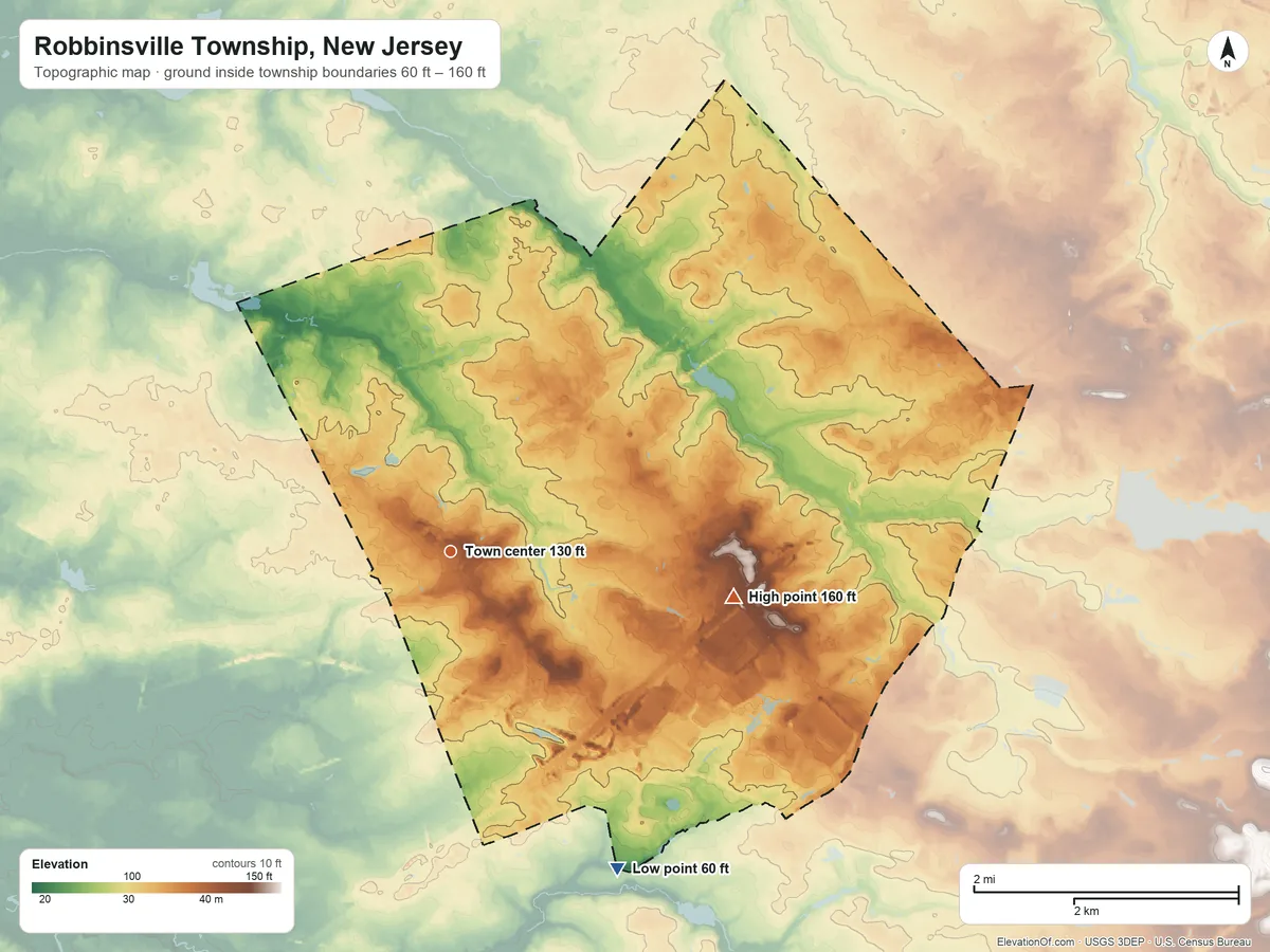 Topographic elevation map of Robbinsville Township, New Jersey, shaded from 60 ft on the southeast side to 160 ft on the east side