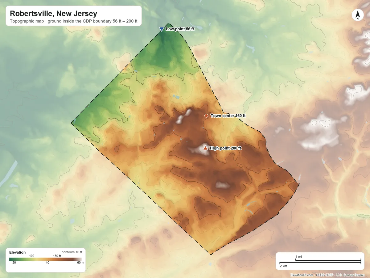 Topographic elevation map of Robertsville, New Jersey, shaded from 56 ft on the northwest side to 200 ft near the middle