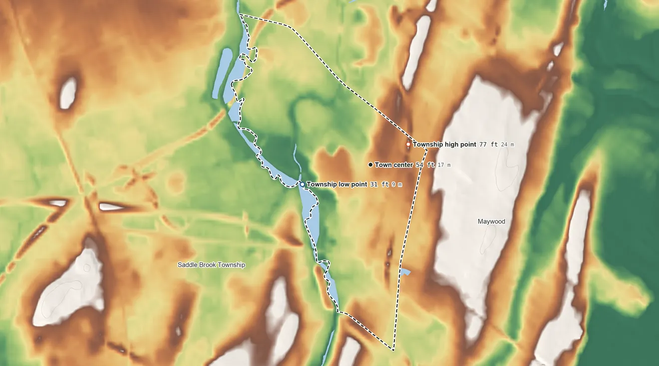 Topographic elevation map of Rochelle Park Township, New Jersey, shaded from 31 ft on the west side to 77 ft on the northeast side