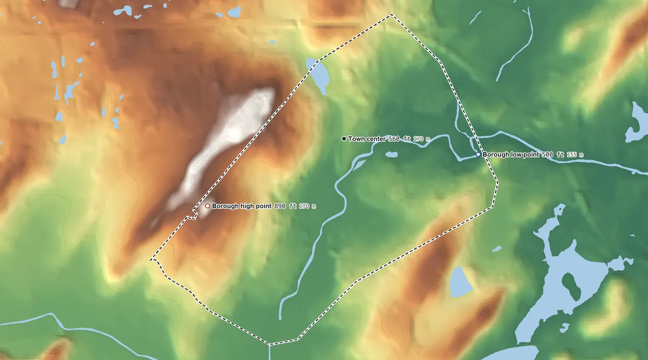 Topographic elevation map of Rockaway, New Jersey, shaded from 500 ft on the east side to 890 ft on the southwest side