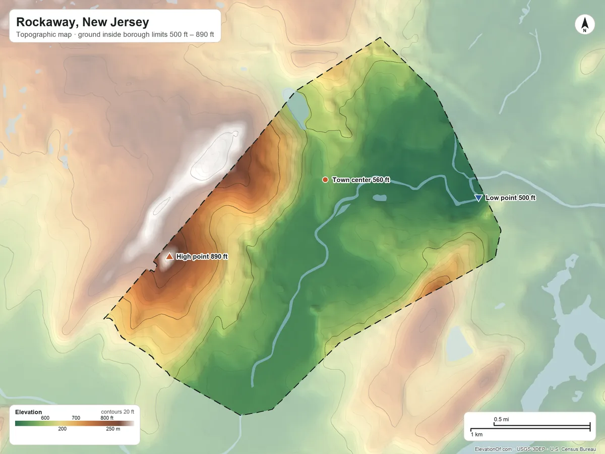 Topographic elevation map of Rockaway, New Jersey, shaded from 500 ft on the east side to 890 ft on the southwest side
