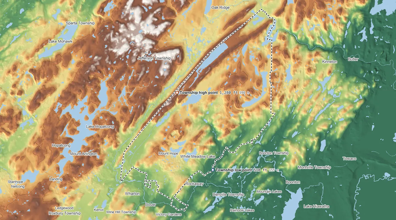 Topographic elevation map of Rockaway Township, New Jersey, shaded from 510 ft near the middle to 1,280 ft on Green Pond Mountain