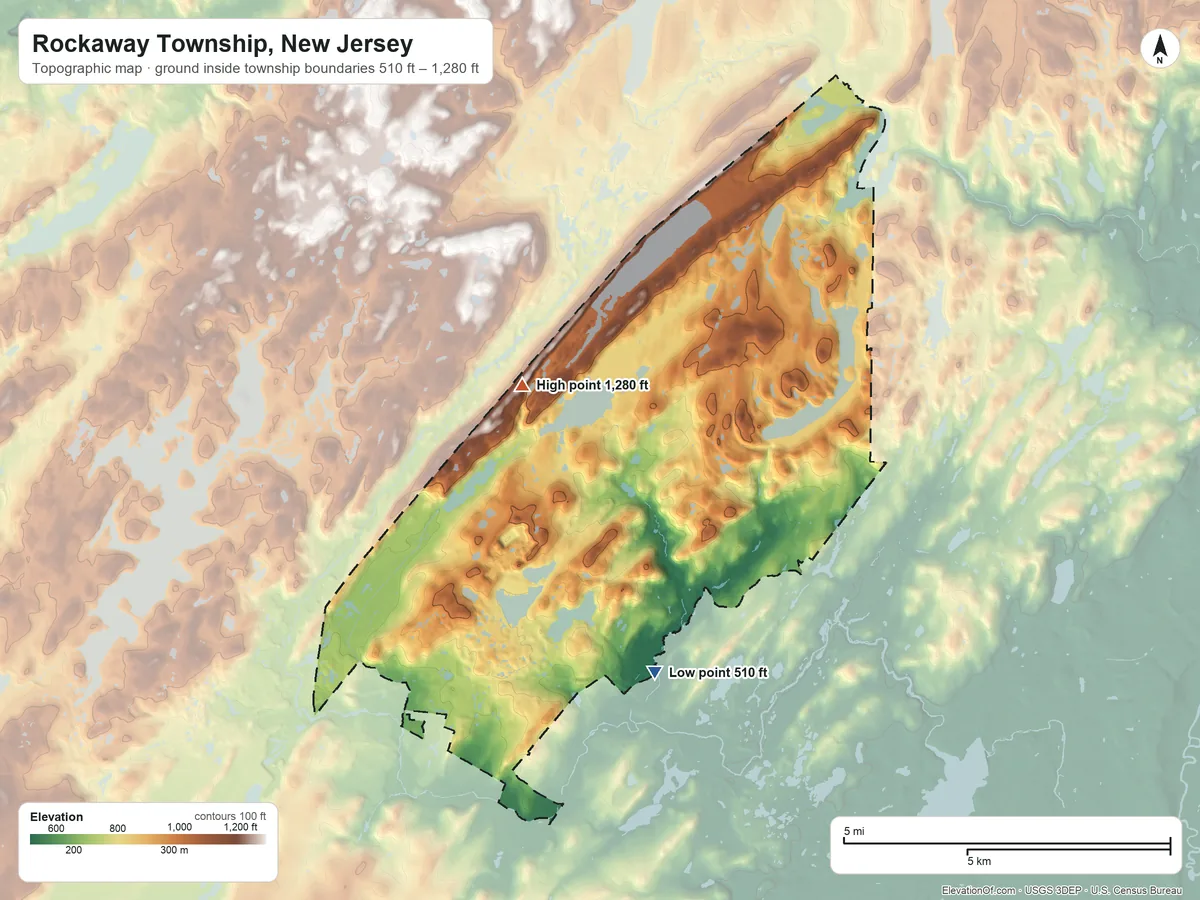 Topographic elevation map of Rockaway Township, New Jersey, shaded from 510 ft near the middle to 1,280 ft on Green Pond Mountain