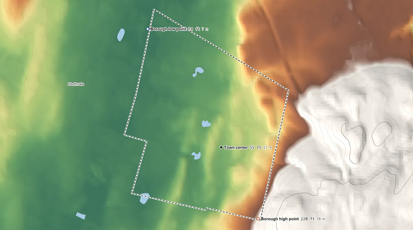 Topographic elevation map of Rockleigh, New Jersey, shaded from 24 ft on the northwest side to 220 ft at the foot of the Watchung Mountains