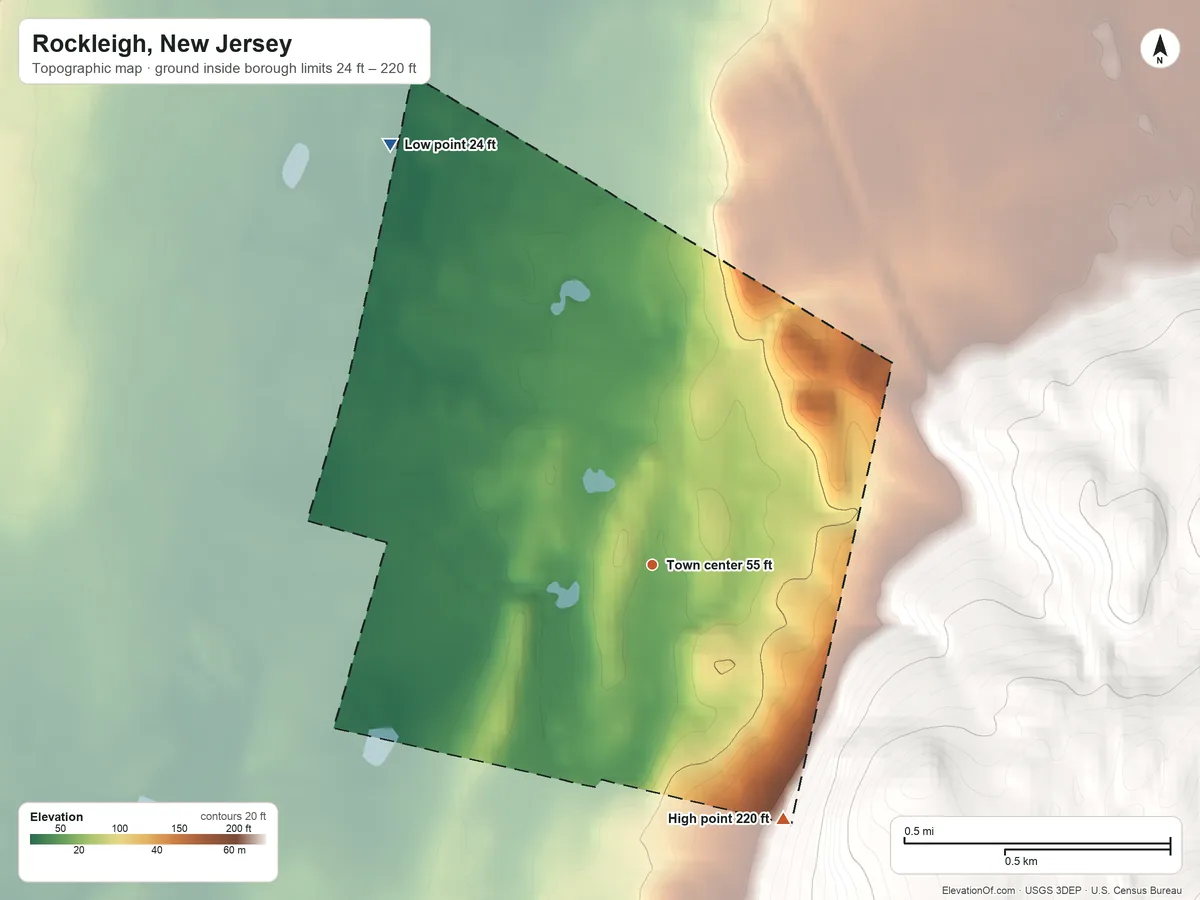 Topographic elevation map of Rockleigh, New Jersey, shaded from 24 ft on the northwest side to 220 ft at the foot of the Watchung Mountains