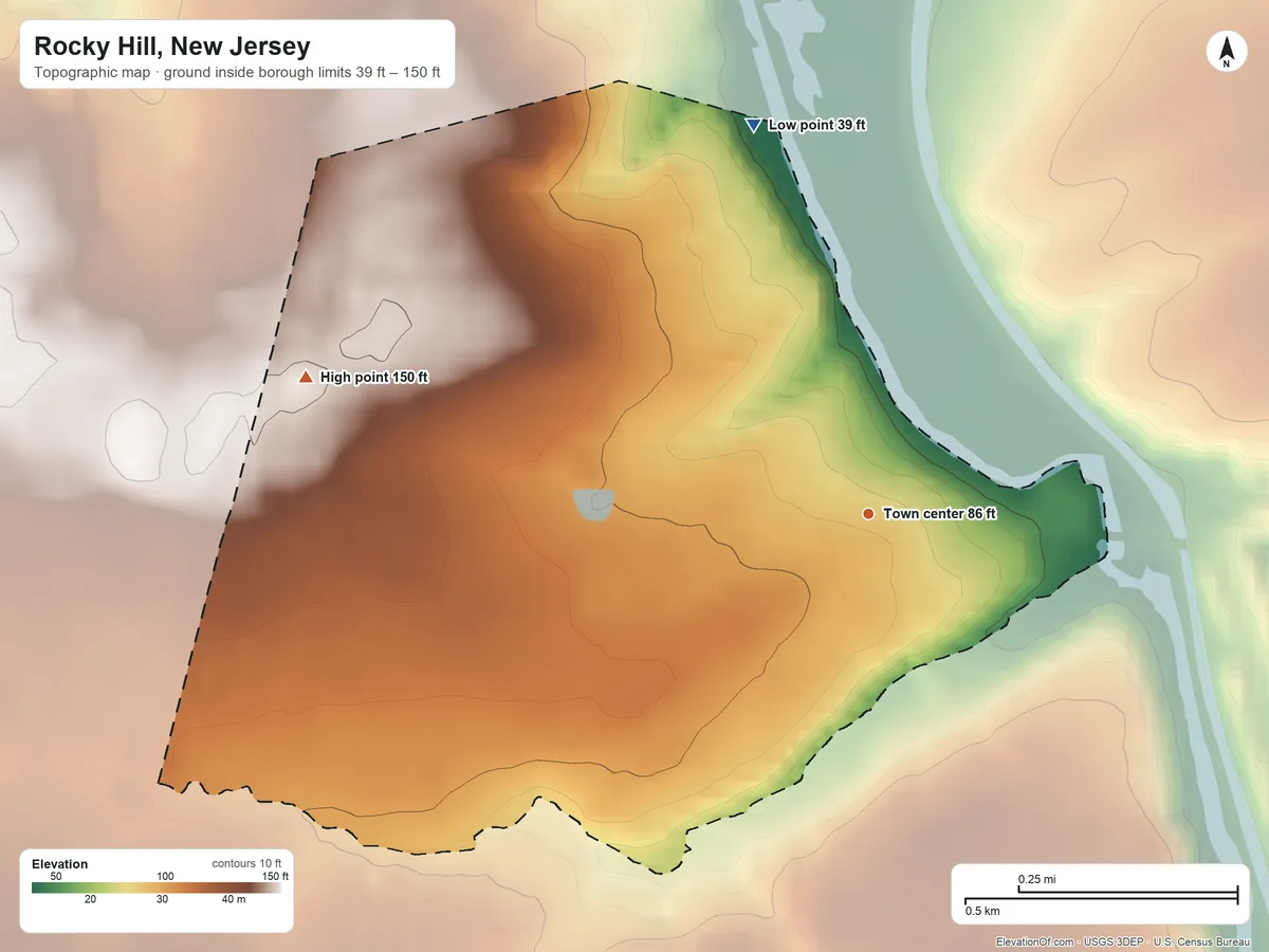 Topographic elevation map of Rocky Hill, New Jersey, shaded from 39 ft on the north side to 150 ft on the west side