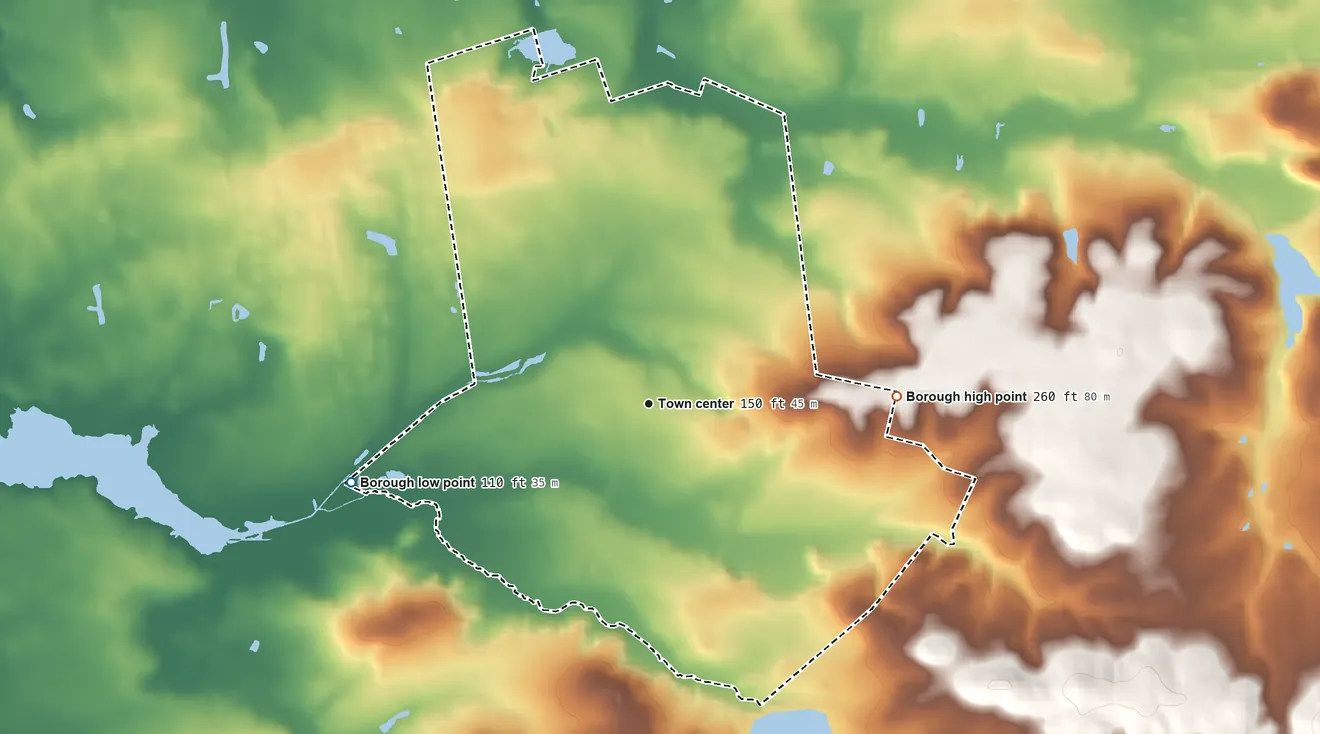 Topographic elevation map of Roosevelt, New Jersey, shaded from 110 ft on the west side to 260 ft on the east side