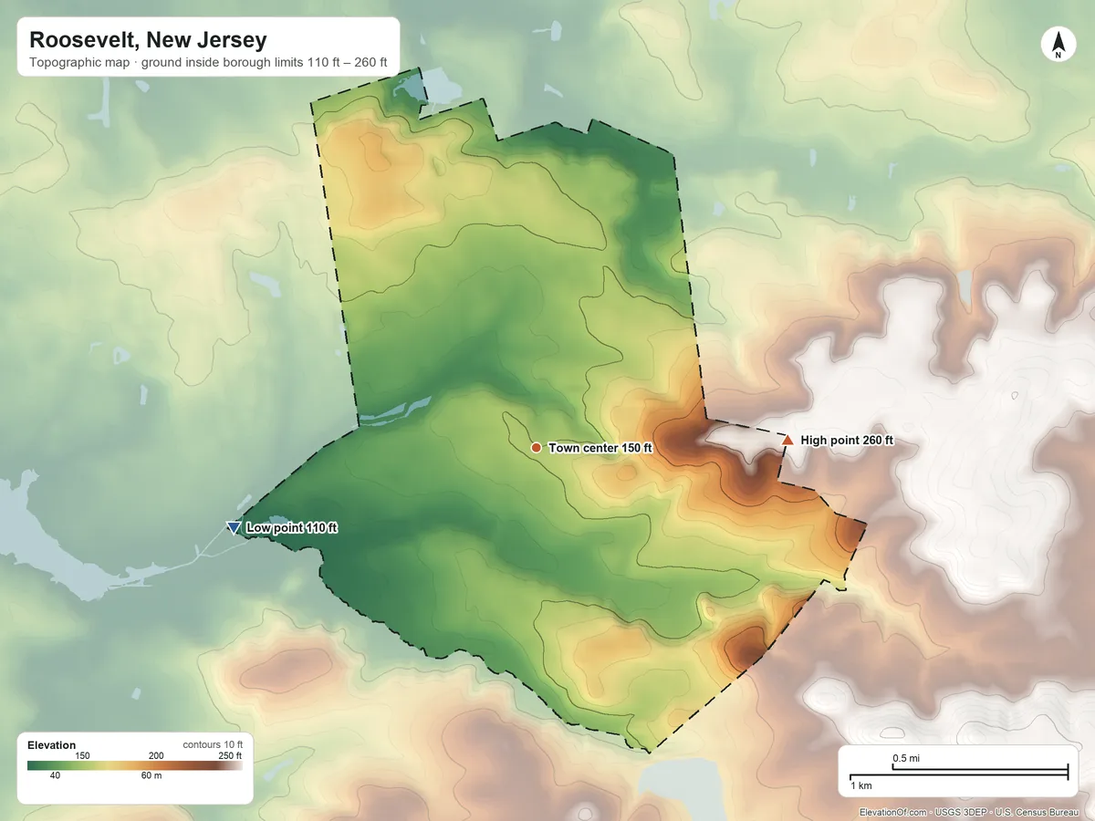 Topographic elevation map of Roosevelt, New Jersey, shaded from 110 ft on the west side to 260 ft on the east side