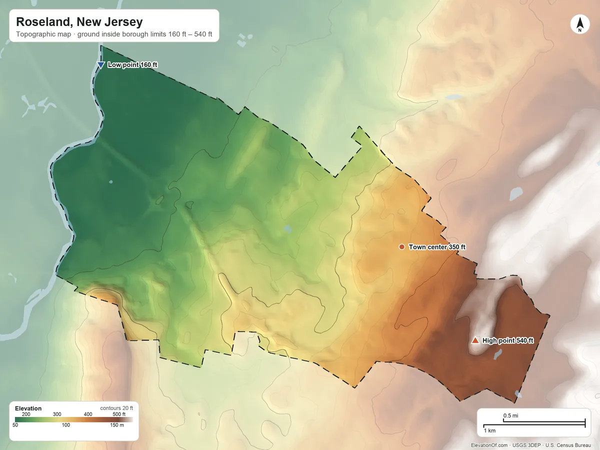 Topographic elevation map of Roseland, New Jersey, shaded from 160 ft on the northwest side to 540 ft on the southeast side