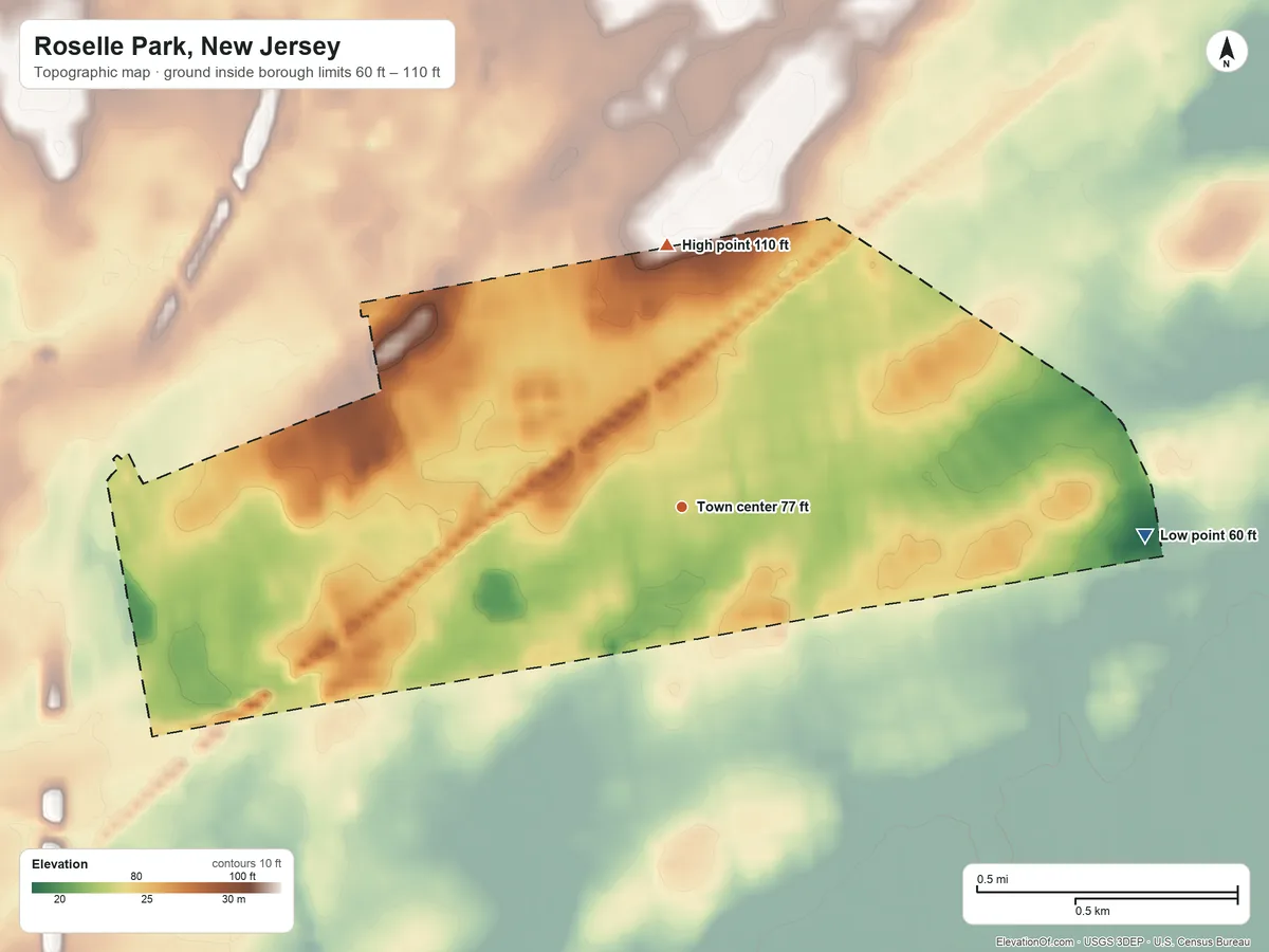 Topographic elevation map of Roselle Park, New Jersey, shaded from 60 ft on the east side to 110 ft on the north side