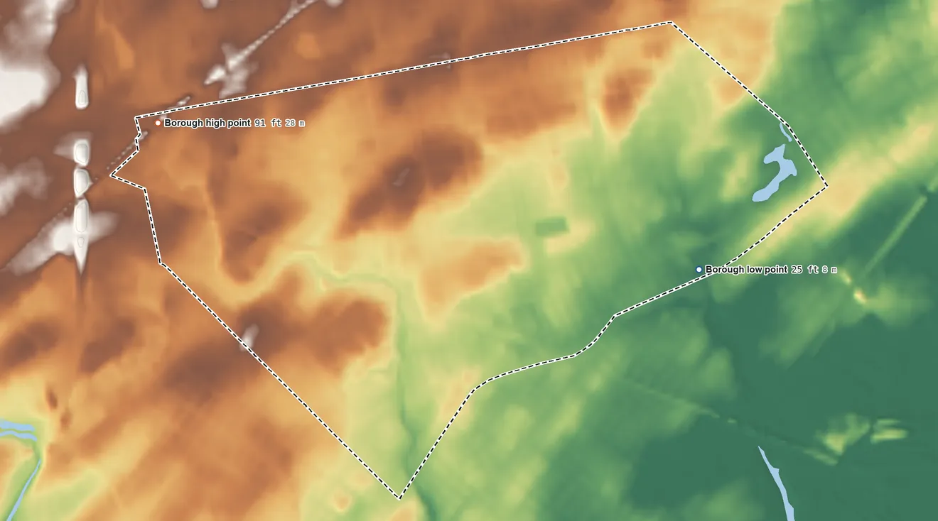 Topographic elevation map of Roselle, New Jersey, shaded from 25 ft on the east side to 91 ft on the west side