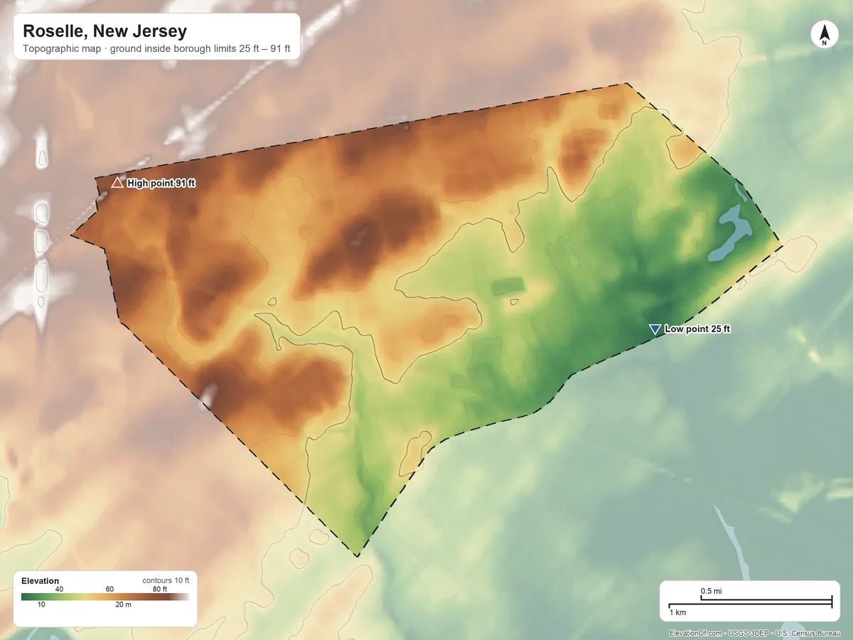 Topographic elevation map of Roselle, New Jersey, shaded from 25 ft on the east side to 91 ft on the west side