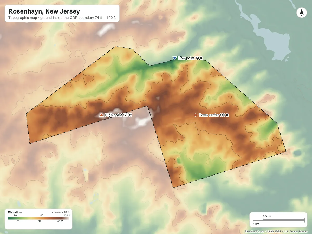 Topographic elevation map of Rosenhayn, New Jersey, shaded from 74 ft on the north side to 120 ft on the west side