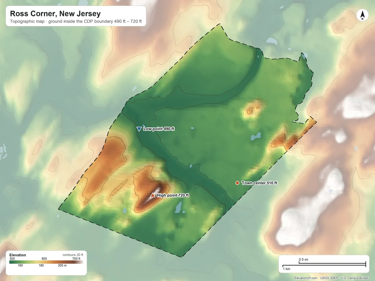 Topographic elevation map of Ross Corner, New Jersey, shaded from 490 ft on the northwest side to 720 ft on the west side