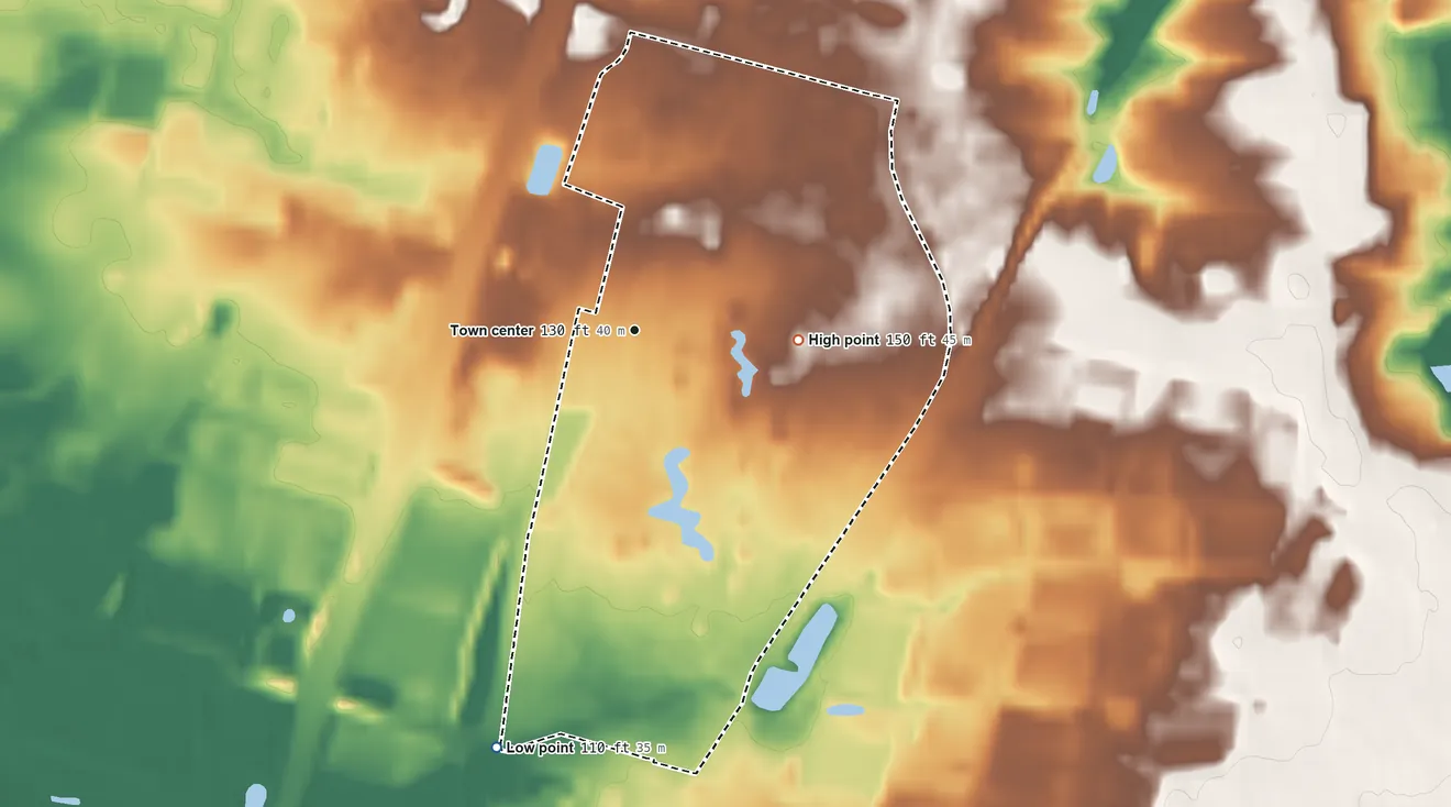 Topographic elevation map of Rossmoor, New Jersey, shaded from 110 ft on the south side to 150 ft on the east side