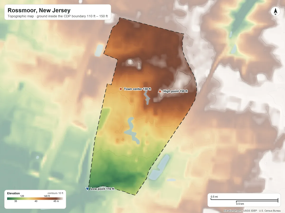 Topographic elevation map of Rossmoor, New Jersey, shaded from 110 ft on the south side to 150 ft on the east side
