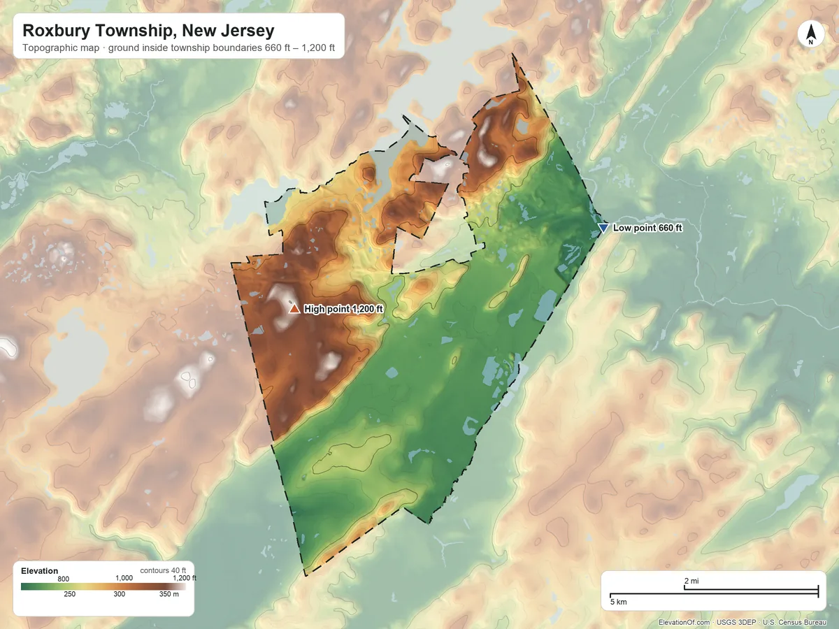 Topographic elevation map of Roxbury Township, New Jersey, shaded from 660 ft on the northeast side to 1,200 ft on the west side