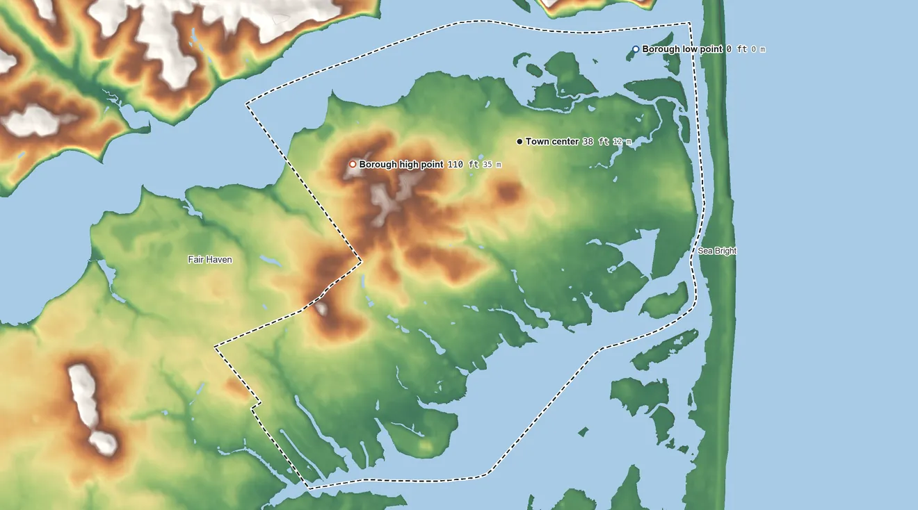 Topographic elevation map of Rumson, New Jersey, shaded from sea level level on Sandy Hook Bay to 110 ft on the west side