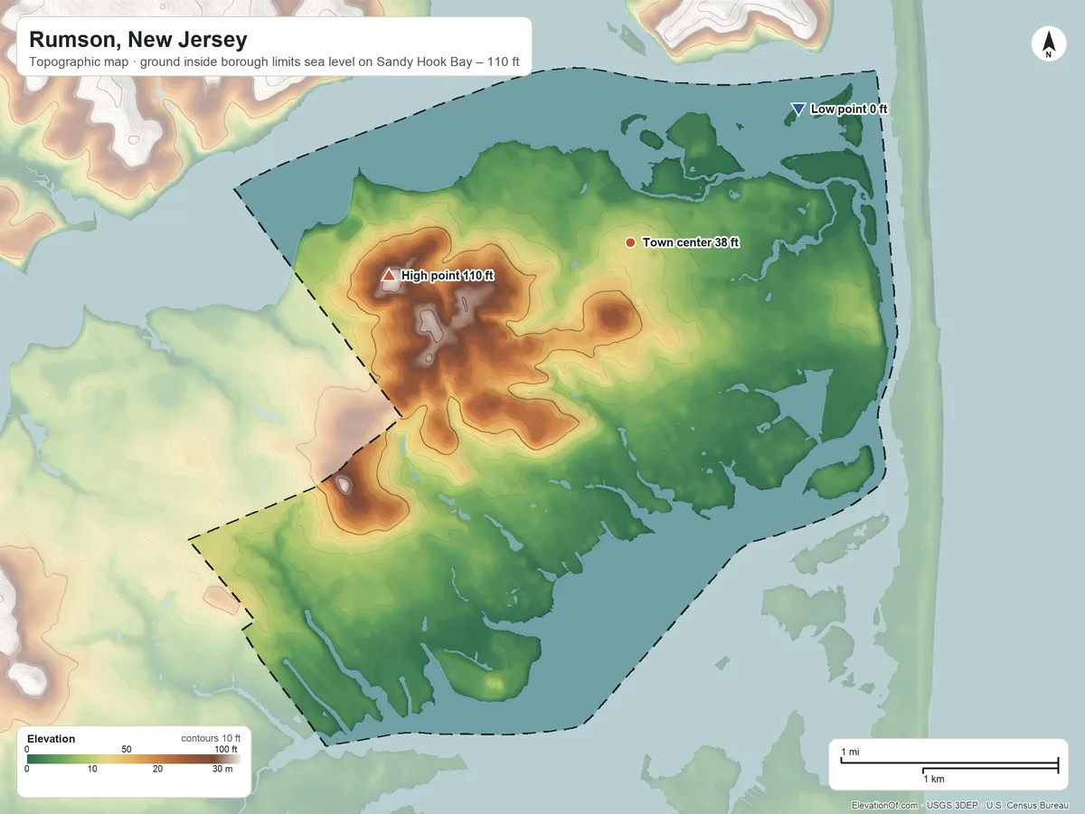 Topographic elevation map of Rumson, New Jersey, shaded from sea level level on Sandy Hook Bay to 110 ft on the west side