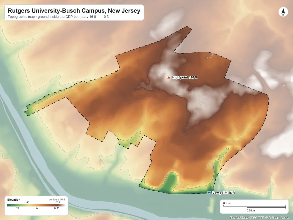 Topographic elevation map of Rutgers University-Busch Campus, New Jersey, shaded from 16 ft on the south side to 110 ft on the northwest side