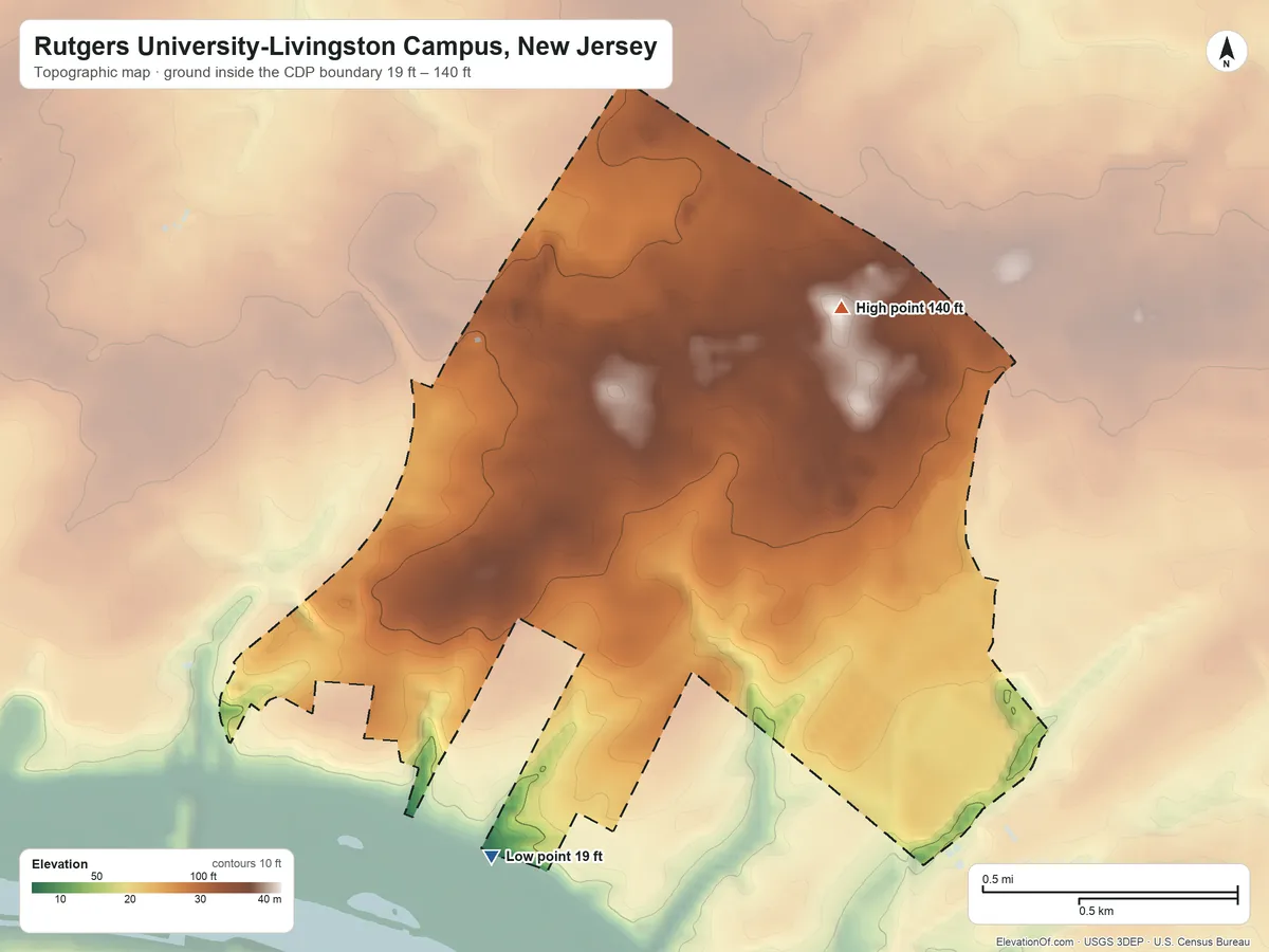 Topographic elevation map of Rutgers University-Livingston Campus, New Jersey, shaded from 19 ft on the southwest side to 140 ft on the northeast side