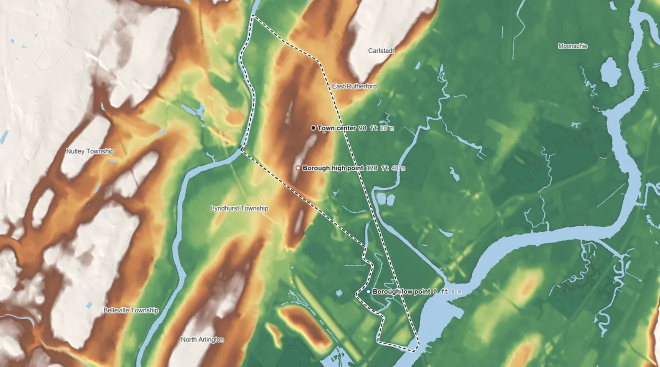Topographic elevation map of Rutherford, New Jersey, shaded from 0 ft on the south side to 120 ft on the south side
