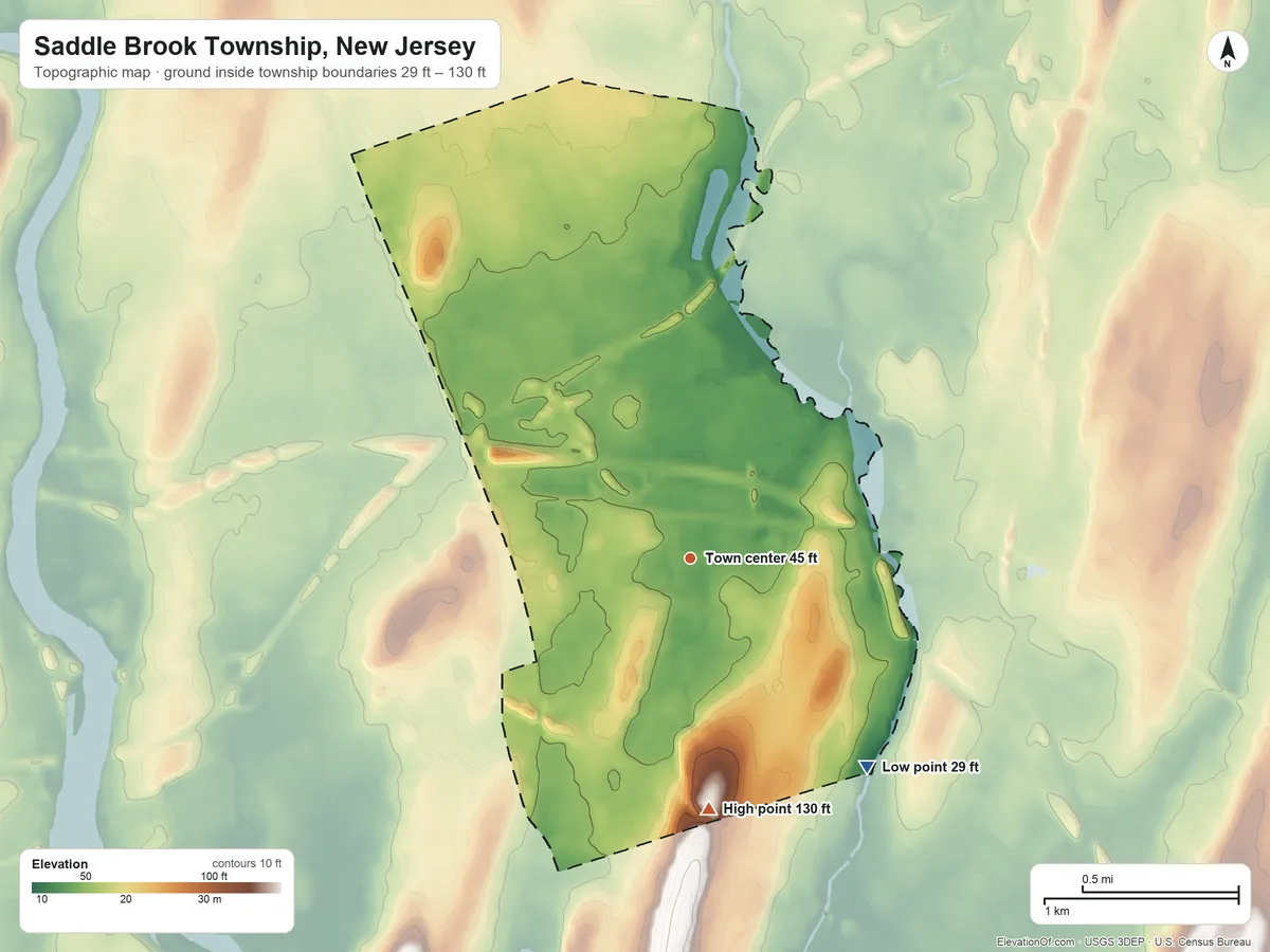 Topographic elevation map of Saddle Brook Township, New Jersey, shaded from 29 ft on the southeast side to 130 ft on the south side