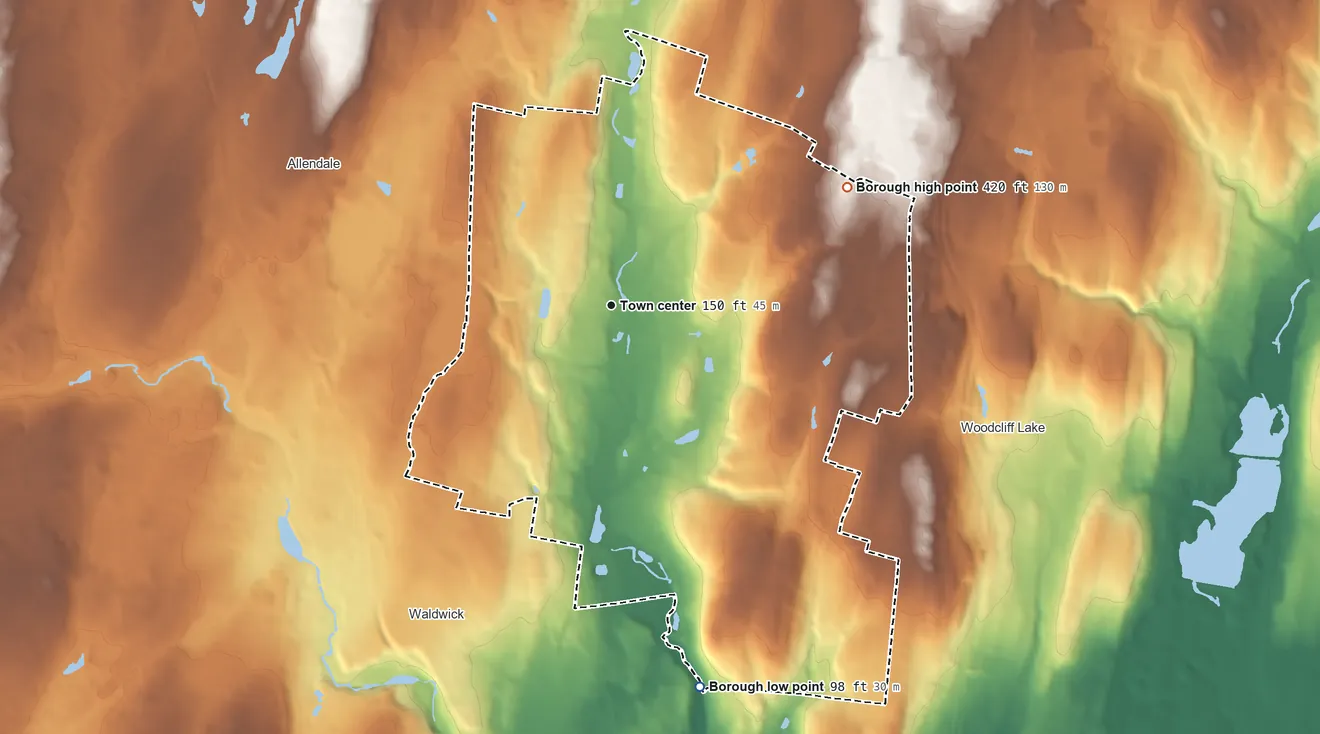 Topographic elevation map of Saddle River, New Jersey, shaded from 98 ft on the south side to 420 ft on the northeast side