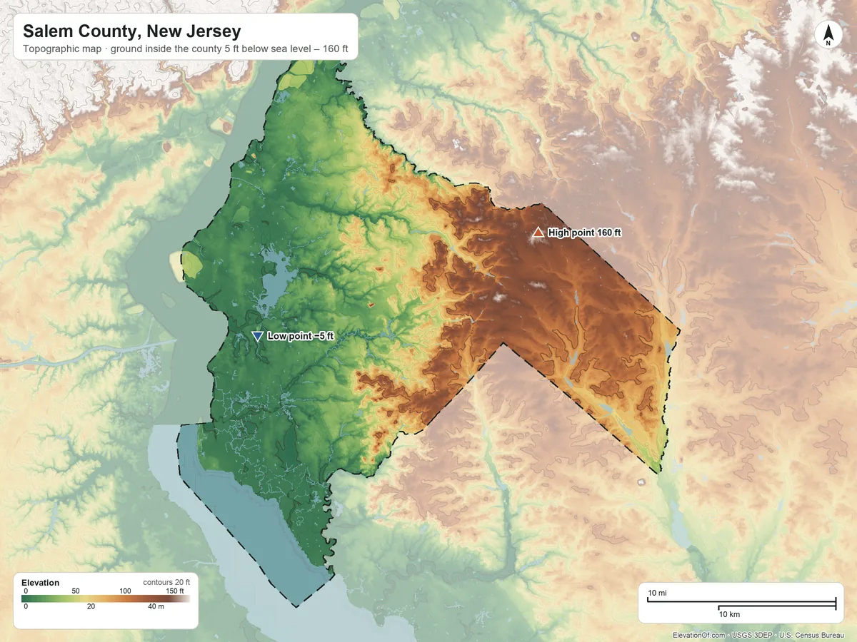 Topographic elevation map of Salem County, New Jersey, shaded from 5 ft below sea level on the west side to 160 ft on the northeast side