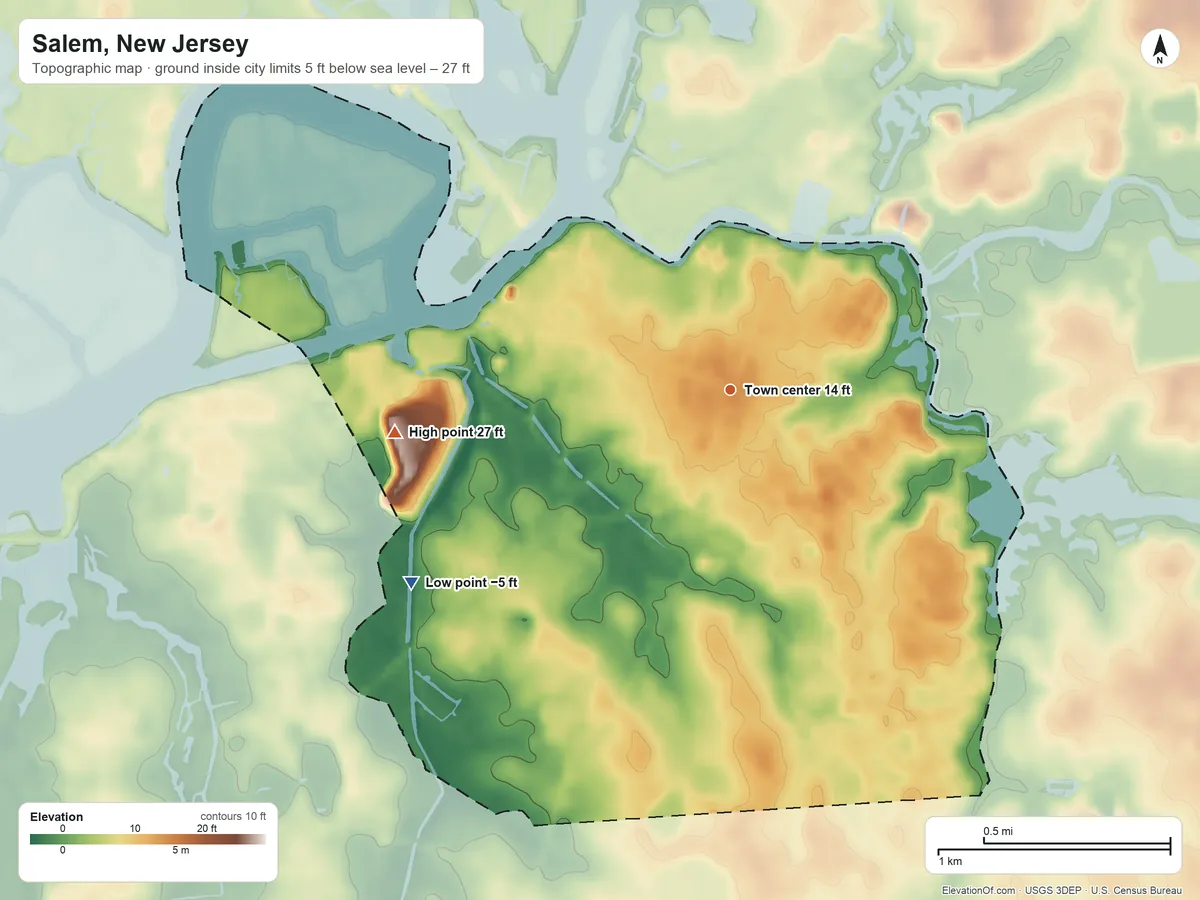 Topographic elevation map of Salem, New Jersey, shaded from −5 ft on the southwest side to 27 ft on the west side
