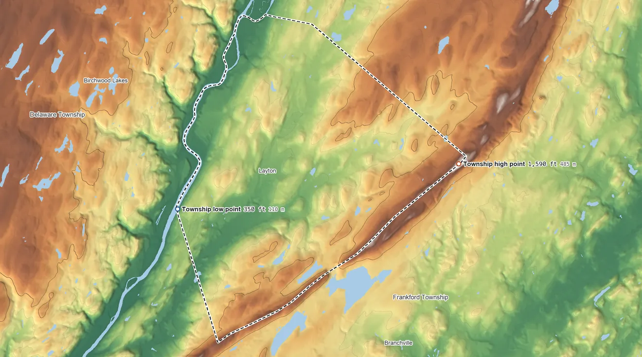 Topographic elevation map of Sandyston Township, New Jersey, shaded from 350 ft on the southwest side to 1,590 ft on the east edge, below higher ground just outside
