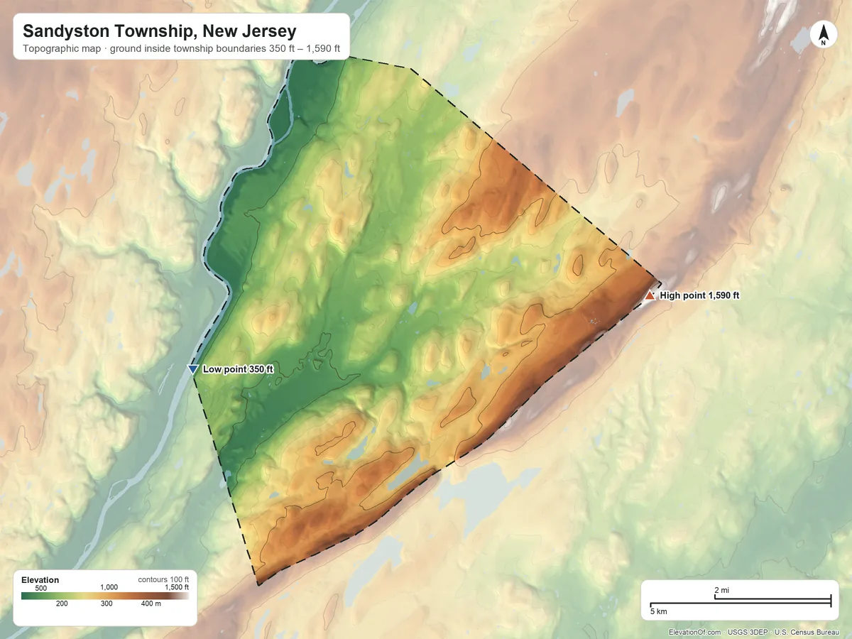Topographic elevation map of Sandyston Township, New Jersey, shaded from 350 ft on the southwest side to 1,590 ft on the east edge, below higher ground just outside