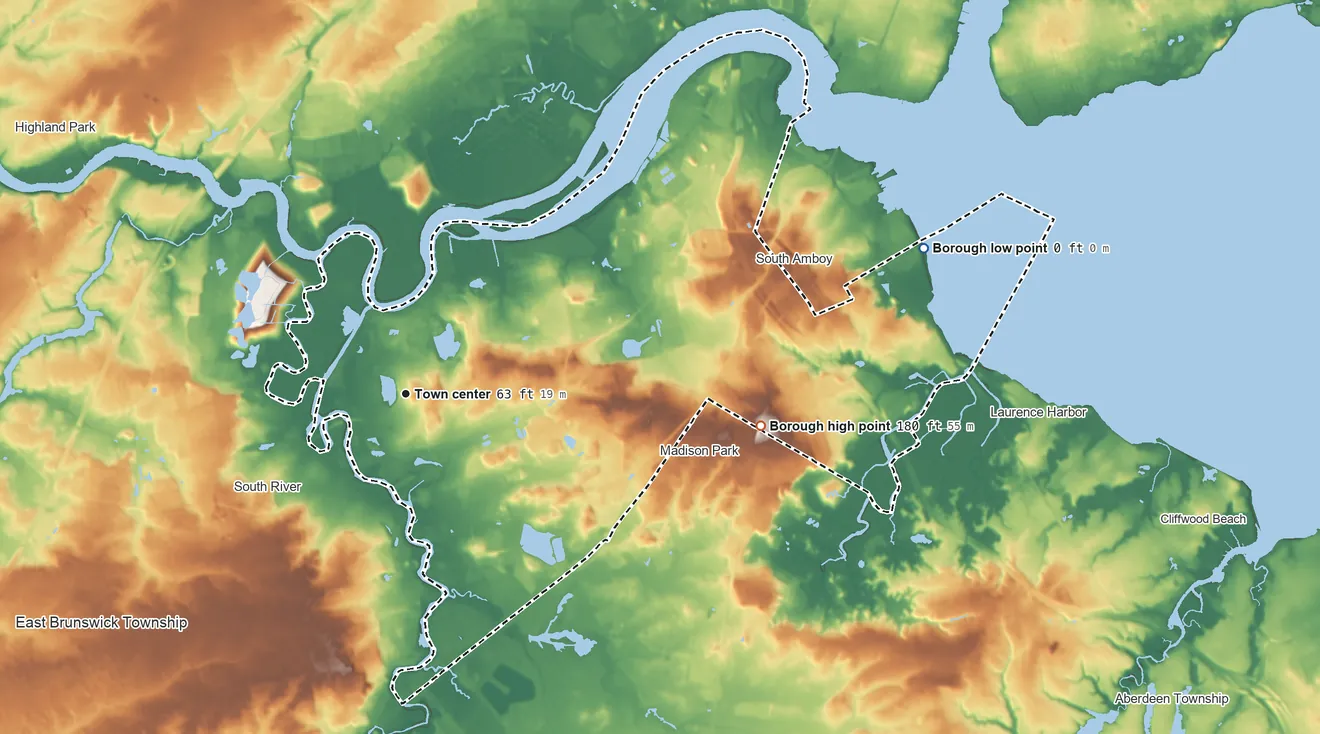 Topographic elevation map of Sayreville, New Jersey, shaded from sea level level on Raritan Bay to 180 ft on the east side