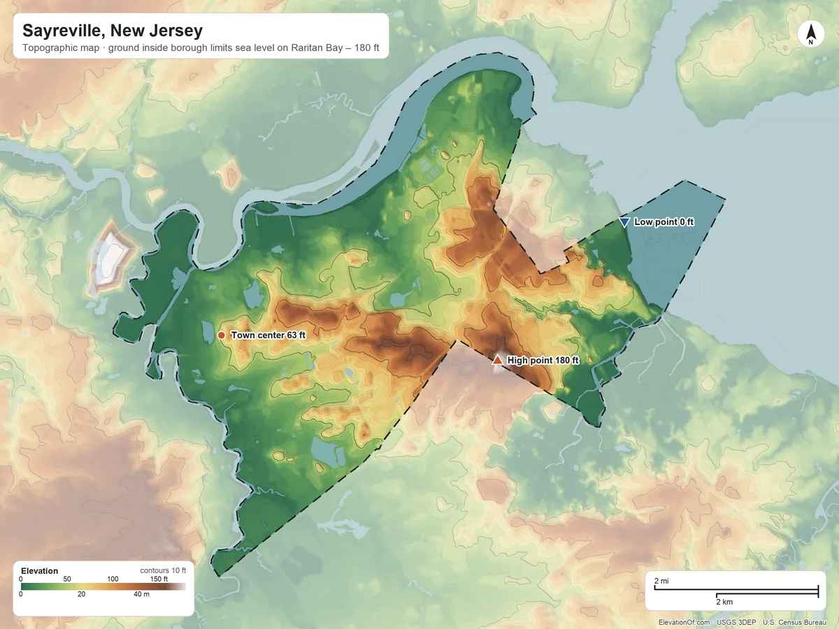 Topographic elevation map of Sayreville, New Jersey, shaded from sea level level on Raritan Bay to 180 ft on the east side