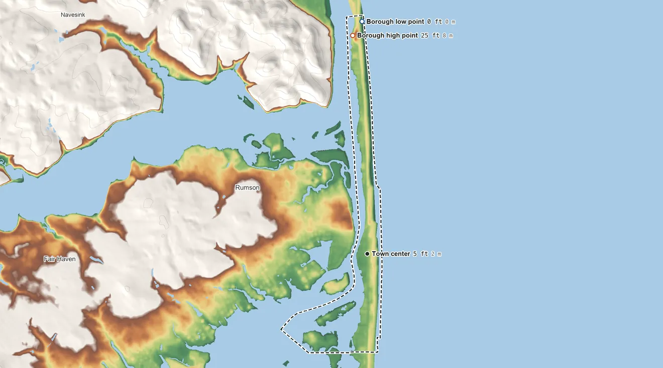 Topographic elevation map of Sea Bright, New Jersey, shaded from sea level level on the Atlantic Ocean to 25 ft on the north side