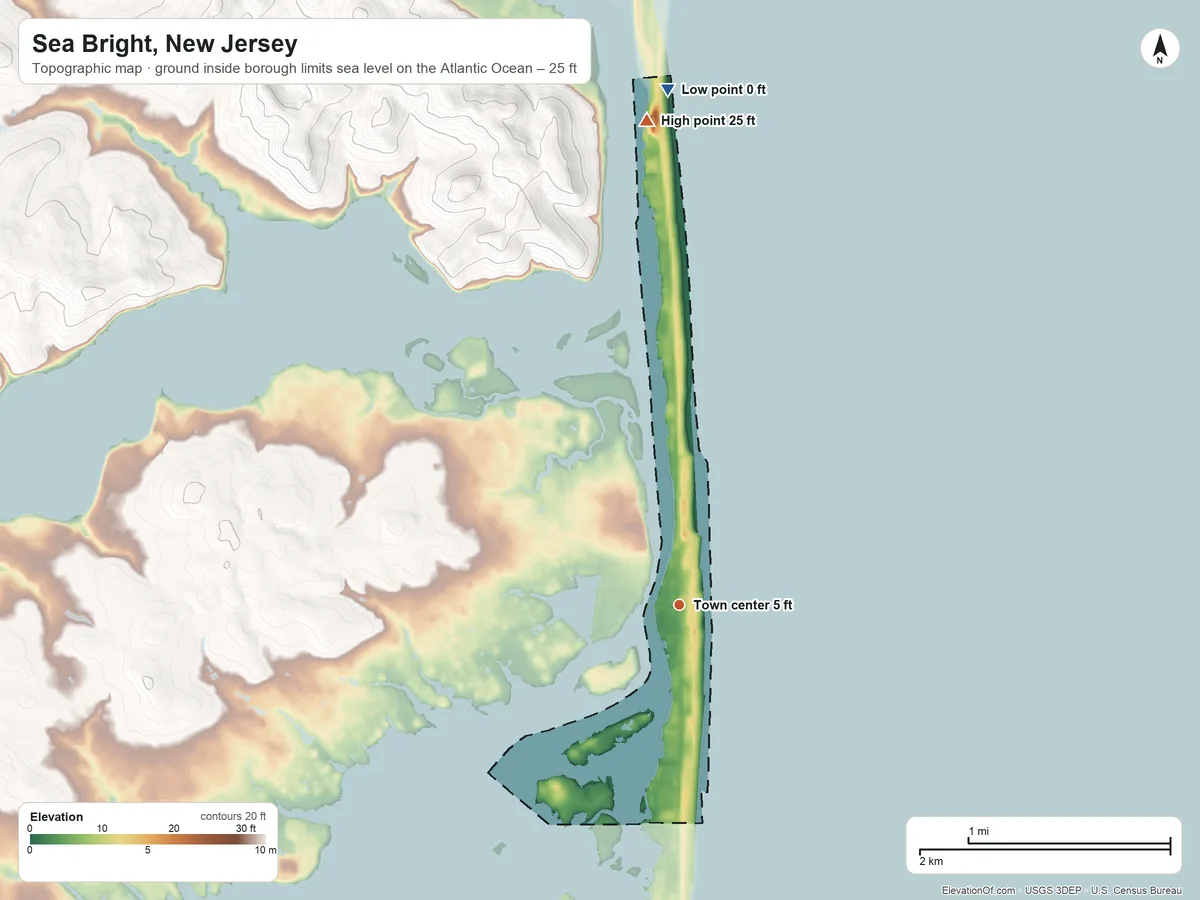 Topographic elevation map of Sea Bright, New Jersey, shaded from sea level level on the Atlantic Ocean to 25 ft on the north side